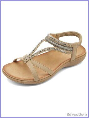 Bohemian Flat Sandals Orthopedic Cushioned Slip-On Ankle Strap Rhinestone